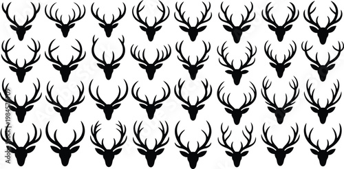 Repeating grid pattern of many black deer heads with large antlers on a bright white background