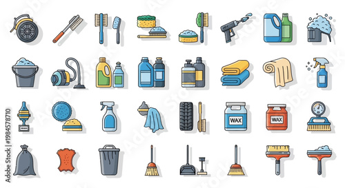 Cleaning supplies and tools collection.