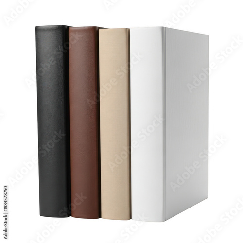 Three bound books stacked vertically with different colored covers isolated on transparent background