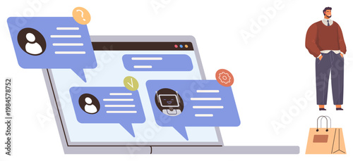 Customer assistance, online communication, e-commerce, user interface, virtual shopping, technology interaction. Laptop with chat bubbles and a standing person. Customer assistance and online