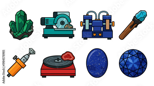 Cartoon gemstone mining and cutting equipment with crystals and jewels