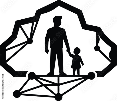 Family Protection Network Cloud Security Concept Icon,
Black and white illustration of adult and child figures inside a cloud with connected nodes, symbolizing family safety, digital protection, and n