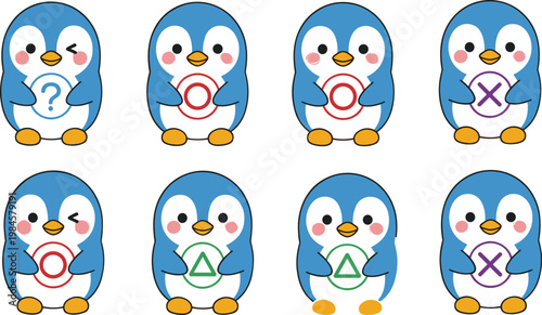 Cute Penguin Cartoon Collection with Different Symbols and Expressions Adorable Baby Penguin Character Vector Illustration Set