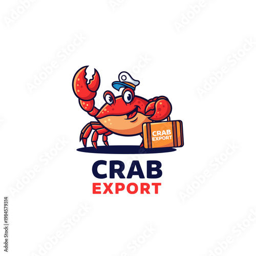 Happy cartoon crab character wearing a captain hat and holding a suitcase labeled CRAB EXPORT