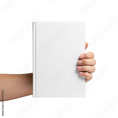 A hand holding a plain white notebook or folder upright isolated on transparent background