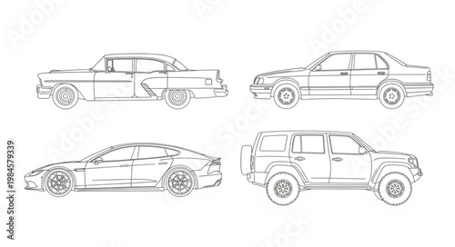 Collection of four different car sketches in black and white.