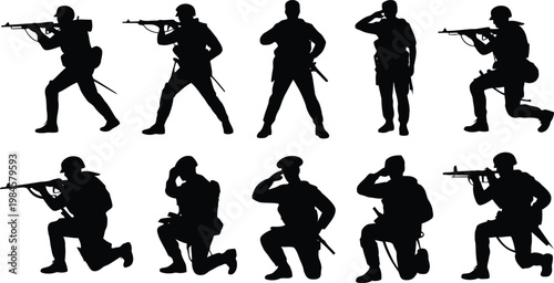 Set of ten soldier silhouettes in black showing various combat actions and ceremonial salutes