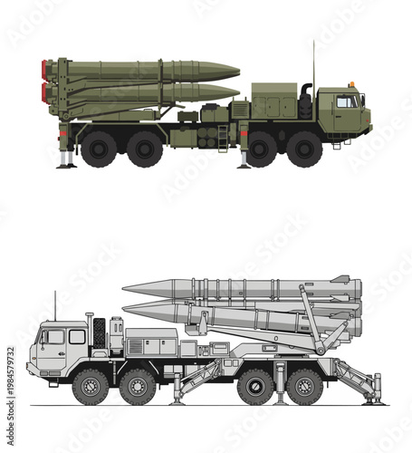 Heavy military mobile missile launch system on a transporter erector launcher vehicle, shown in vector illustration.