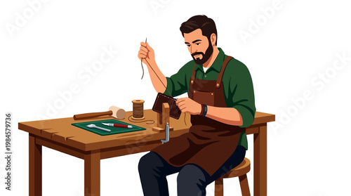 Man working on leather crafts at a wooden workbench with tools