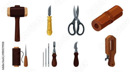 Various leatherworking tools including hammer and knives