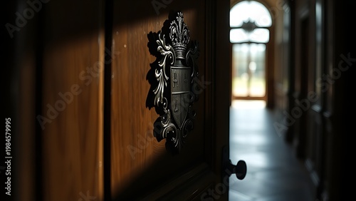 A heavy oak door with a carved crest, lit from the side in an empty hallway.
