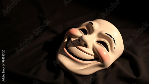 Theatrical comedy mask with wide grin on dark velvet cloth, soft spotlight.