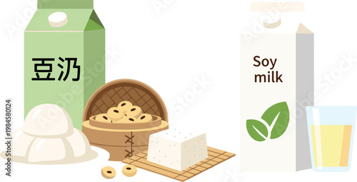 Soy Milk and Tofu Collection with Dairy Alternative Beverage Carton Fresh Drink Glass and Soybean Food Products Vector Illustration Set