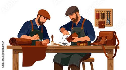 Two skilled craftsmen working on leather projects at a wooden workbench with various tools