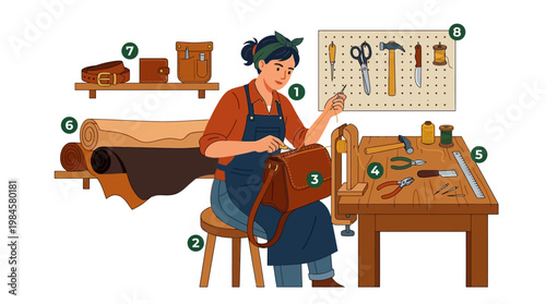 Woman sewing leather bag in workshop with various tools and materials around her