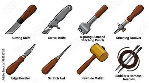 Various leatherworking tools for crafting and upholstery projects