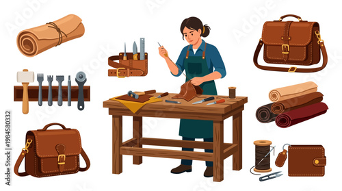 Woman working on leather crafts with various tools and accessories around her