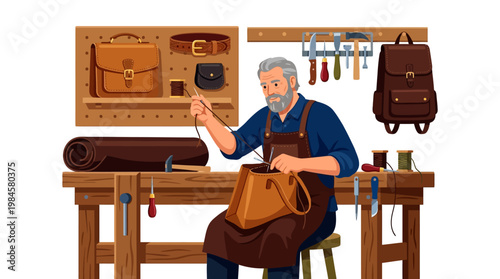 Skilled craftsman sewing leather bag in his workshop with various tools