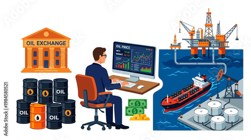 Businessman monitors oil prices on computer with oil barrels and offshore rig