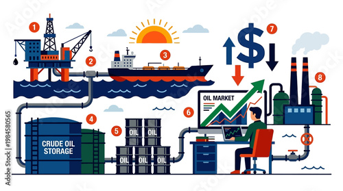 Oil production process from drilling platform to refining and market with financial impact