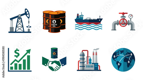 Oil industry icons including pumpjack, crude oil barrels, tanker, valve, business growth chart, handshake, factory, and global oil trade