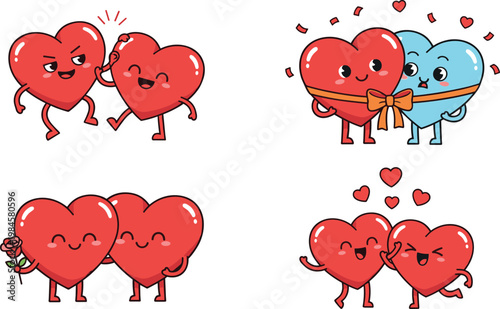 Cute Heart Cartoon Collection with Love Couple Characters Hugging Holding Flowers and Romantic Expressions Valentine Vector Illustration Set