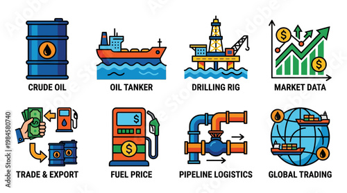 Oil industry icons depicting crude oil, oil tanker, drilling rig, market data, trade and export, fuel price, pipeline logistics, and global trading processes