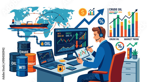 Businessman analyzing crude oil market trends on computer screens with barrels and shipping in background for global trade insights