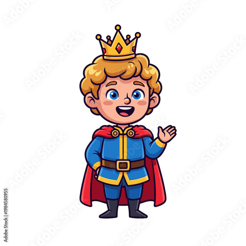 Happy cartoon young prince waving and smiling with a golden crown and red cape