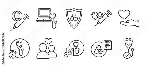 aging support icon collection for senior wellness home assistance daily living help and healthcare service in modern outline vector design