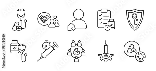 senior health support icon pack for aging care nursing assistance home service and medical monitoring in creative outline vector style