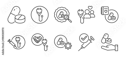 retirement care icon set for senior lifestyle health monitoring assisted living and nursing support in clean minimal outline style