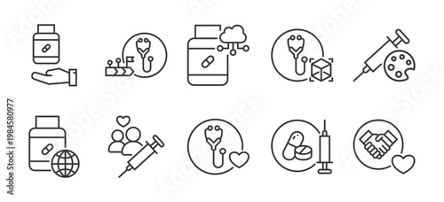 senior assistance icon pack for home care medical support daily activities and wellness service in creative outline vector style