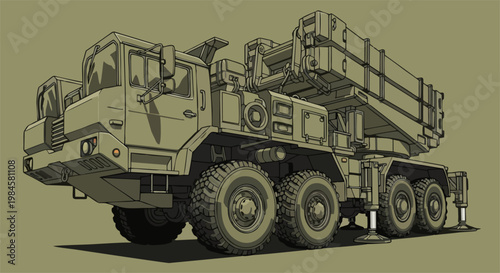 An imposing military vehicle designed as a missile launcher, featuring heavy-duty wheels and stabilization jacks.