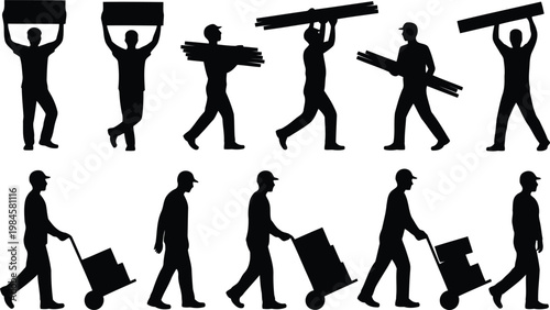 Silhouettes of men laborers are carrying large boxes and construction materials on a plain white background