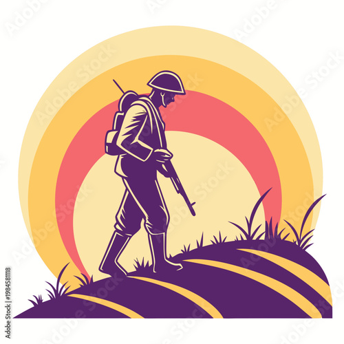 Soldier silhouette walking a field at sunset concept.