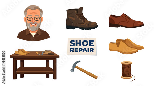 Shoe repair service with various tools and shoes displayed