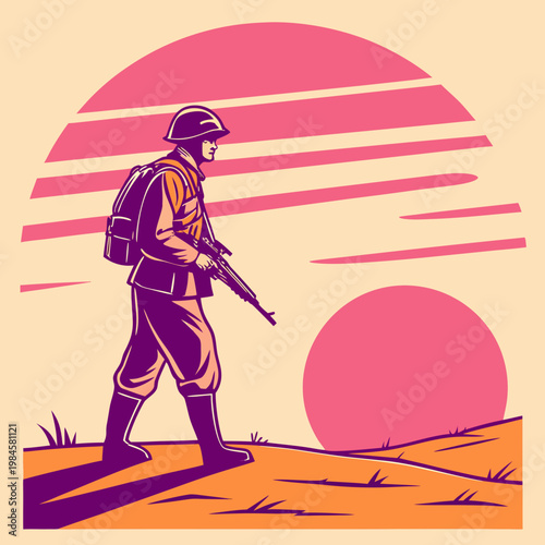Armed soldier walking across desert landscape.