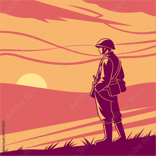 Soldier silhouette standing on hill at sunrise.