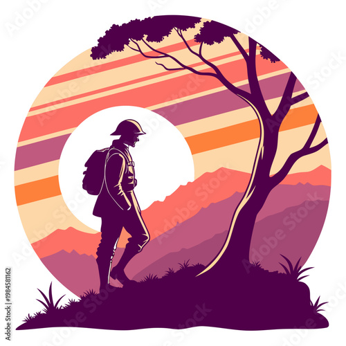 Soldier in mountains sunset tree outline.