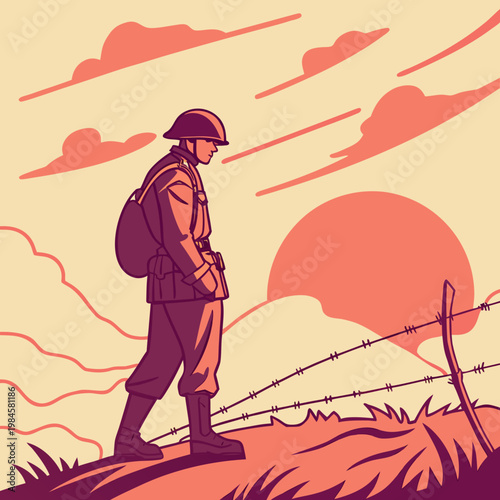 Soldier walking with rifle past barbed wire fence.