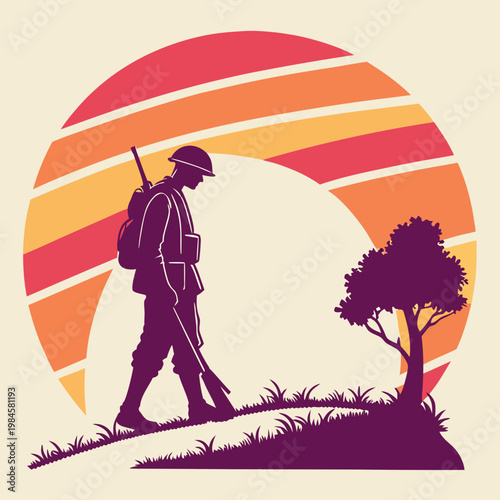 Soldier with rifle walks past tree at sunset.