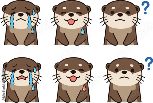 Cute Otter Cartoon Collection with Different Facial Expressions Crying Happy and Confused Adorable Animal Character Vector Illustration Set