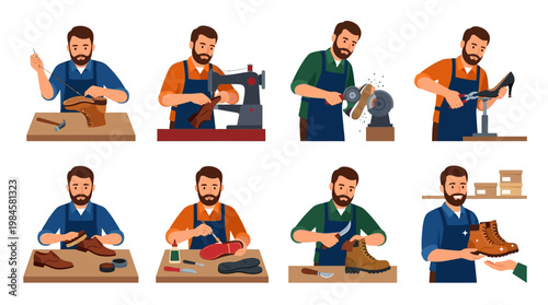Cartoon illustration of a shoemaker working on various tasks to make shoes