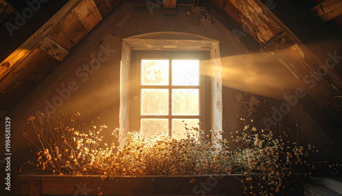 Soft sunlight filtering through a dusty attic window onto dried flowers attic photography warm atmosphere close-up serenity
