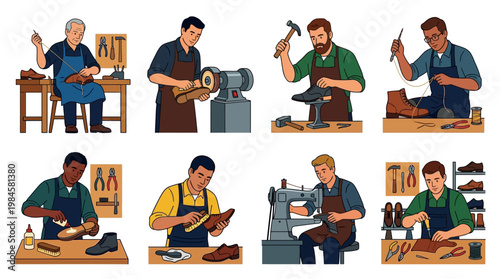 Shoe repairmen working on various footwear in workshop