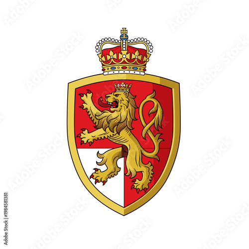 Heraldic shield with a roaring golden lion and a royal crown