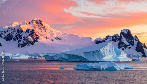 Breathtaking sunset illuminates icebergs antarctic peninsula nature photography serene landscape aerial view vibrant pink light reflection