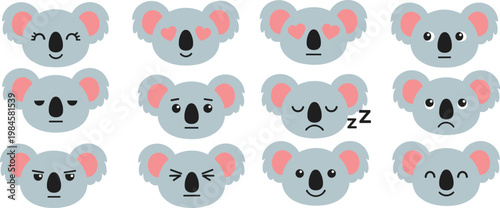 Cute Koala Face Collection with Different Expressions Happy Sleepy Winking and Sad Adorable Animal Character Vector Illustration Set