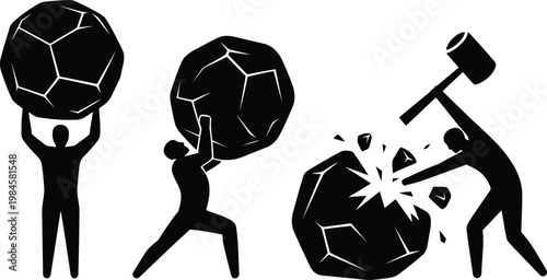 Silhouettes of people demonstrating strength and perseverance by lifting, pushing, and breaking large rocks